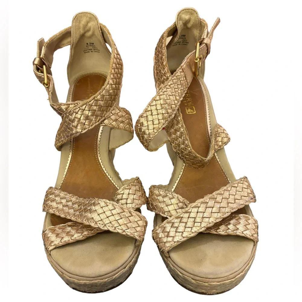 Sperry Women’s Gold Top-Sider Wedge Leather Gold Ankle Strap Espadrille Size 8.5